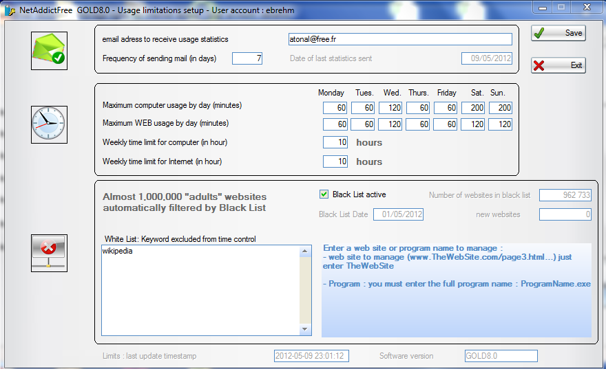 Parental control NetAddictSoft : Time quotas by day or by week, blacklist, white list